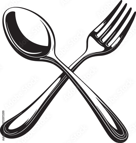 Fork and Spoon Dining Meal Restaurant Eating Hand-drawn Sketch Drawing Vector Illustration, Line Linear Symbol Engraving Coloring Book, Black and White Isolated