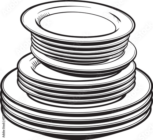Stack of Plates Dishwashing Hand-drawn Sketch Drawing Vector Illustration, Line Linear Symbol Engraving Coloring Book, Black and White Isolated