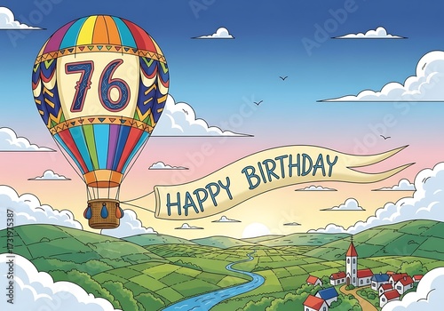 Colorful Illustrated Hot Air Balloon with Number 76 and Happy Birthday Banner over a Picturesque Landscape