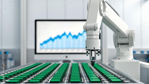 Tech Stock Semiconductor Concept. Automated robotic arm handling products in a factory setting.