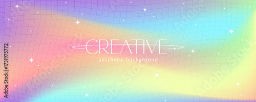 Trendy holographic aura gradient background in rainbow colors. Modern blurred Y2k aethtetic backdrop with stylish brutalistic figures.Creative template for business, presentation, ads, banner and more