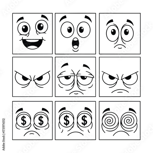 A collection of nine black and white square cartoon faces showing various emotions like happy angry sad and greedy.