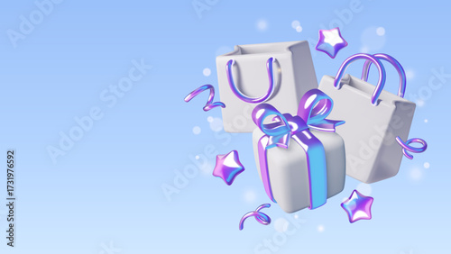 Holiday shopping background with 3d birthday present, gift bags and flying party confetti. iridescent holographic shining Christmas present on blue background. Vector illustration. 