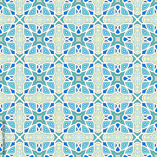 Geometric Ornamental Tile Blue, Teal, and Cream Repeatable Motif