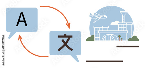 Speech bubbles with an arrow exchange between different languages, featuring an airport with a plane in flight. Ideal for travel, globalization, communication, language learning, tourism, technology