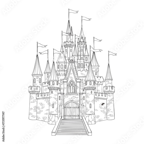 A detailed black and white line art illustration of a magical fairytale castle with tall towers.
