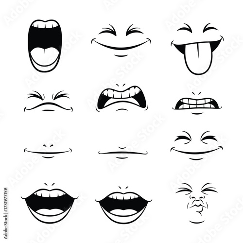 A diverse collection of black and white cartoon mouth expressions showing various emotions and feelings.