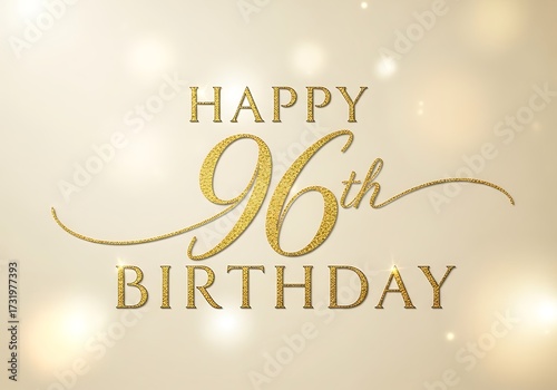 Luxurious Happy 96th Birthday greeting in elegant golden glitter script on a soft, light gold bokeh background, ideal for celebrations.