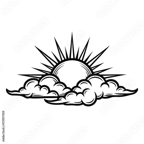 A retrostyle sun with sharp rays rising above a bed of fluffy clouds depicted in a black and white line art illustration.