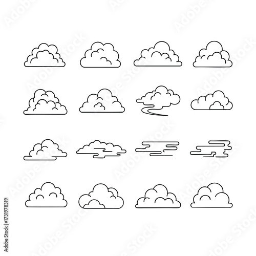 A set of sixteen minimalist cloud icons in a black outline style Collection of various weather and sky symbols.