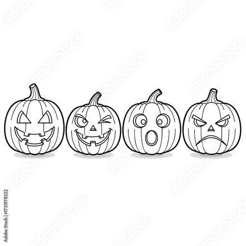 A row of four cartoon jackolanterns with happy winking surprised and angry facial expressions.