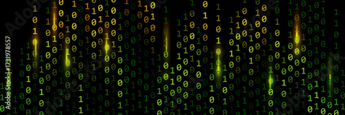 Binary code with green light. Binary rain background with glimmer and glowing light. 