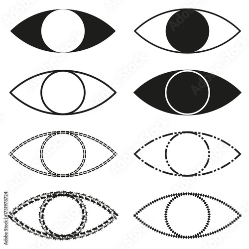 Eye icon set. Watching human symbols. Vision emblem collection. Vector sight signs.
