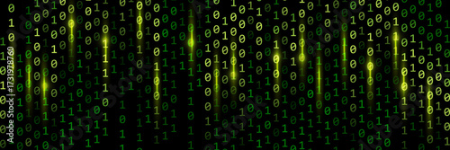 Binary rain background with glimmer and glowing light. Binary code with green light.