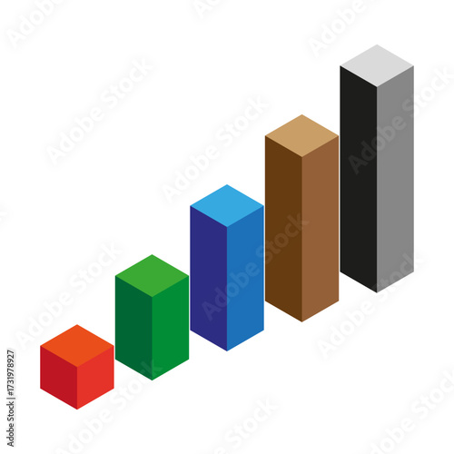 Isometric bar graph. Three dimensional chart. Statistical report symbol. Vector data illustration.