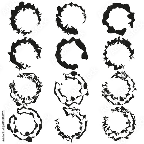 Set of circular frames. Grunge texture brushes. Black ink blotches. Vector abstract borders.