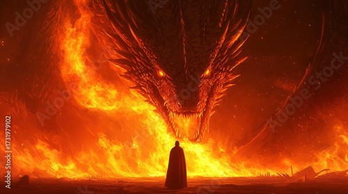 Epic Fantasy Battle Between Hero and Fiery Dragon in Fiery Landscape