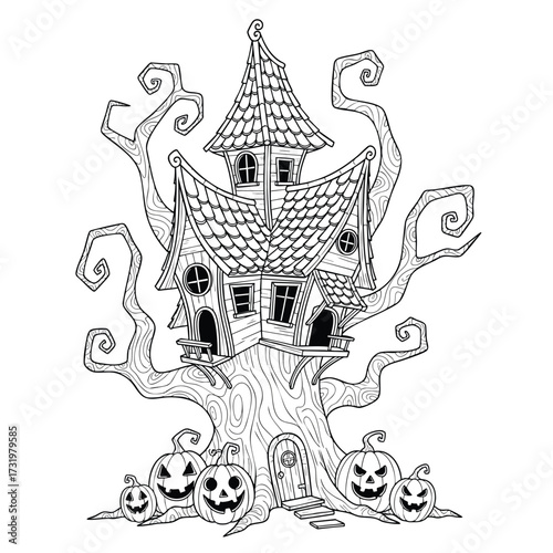 Black and white line art of a spooky haunted treehouse with carved jackolanterns for Halloween.