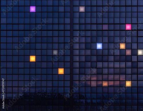 Night facade with illuminated squares