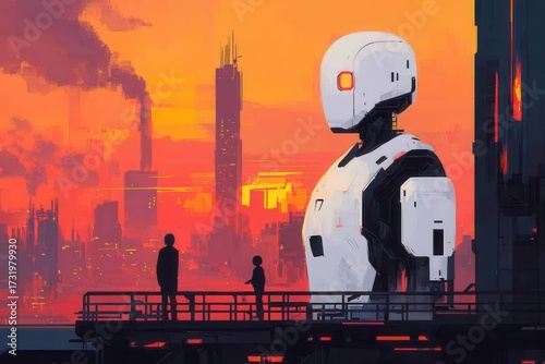 Futuristic Robot Overlooking Cityscape at Sunset with Silhouetted Figures