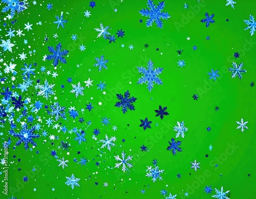 Blue snowflakes on a vibrant green background