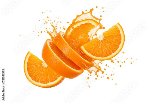 Sliced orange fruit with juice splashing isolated
