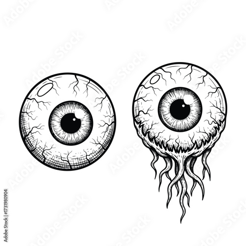 Handdrawn horror illustration of two creepy veiny eyeballs one ripped from its socket.