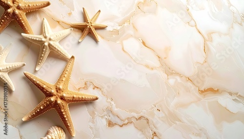 Light beige marble surface with several starfish