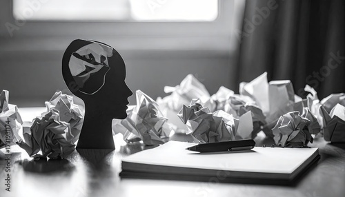 Silhouette of a head with crumpled papers, notepad, and pen