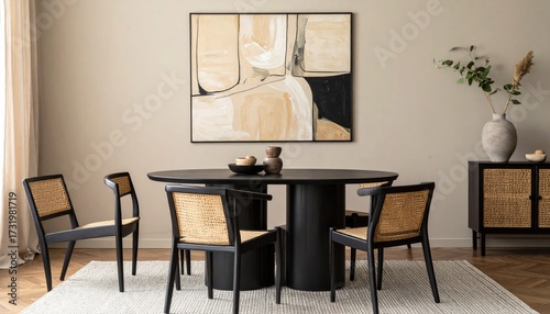 Modern dining room with abstract art and woven chairs