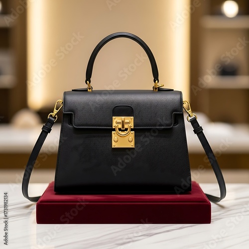 Black Leather Handbag Displayed on Red Velvet.