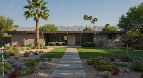 Architectural exterior view of a modern residential house with a landscaped front yard under clear blue sky