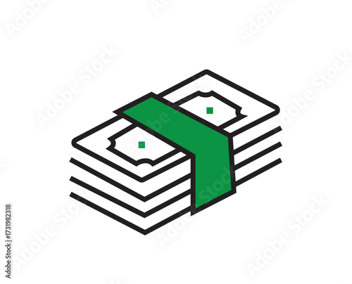 Bundled stack of stylized green bills with central dots and a binding strap; flat minimal vector icon isolated on white background representing money, wealth, and transactions.