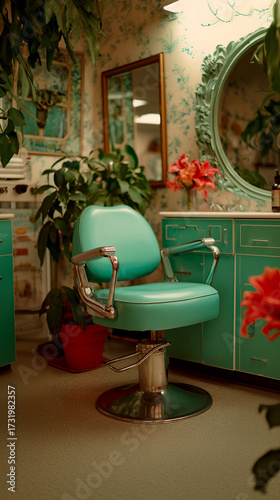 Retro Hair Salon Interior with Mint Green Barber Chair