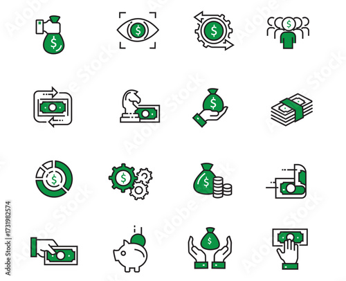 Flat vector 4×4 grid of 16 green, black, and white financial icons for transactions, savings, investment, budgeting, and protection; isolated in white background