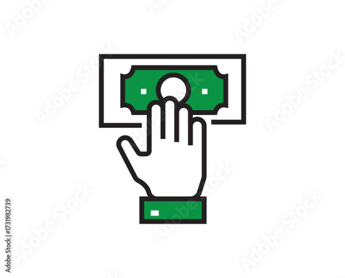 Stylized flat vector icon of a white hand with a green cuff inserting a green banknote into a black-outlined slot, symbolizing cash deposit or withdrawal; isolated on white background.