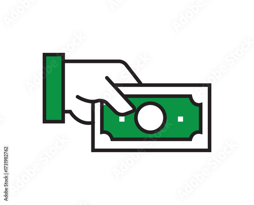 Stylized flat vector shows a white hand with green sleeve holding a green banknote featuring a white circle and side squares, symbolizing payment; isolated on white background.