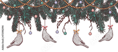 Christmas border with fir branches, garlands, bird figurines, fir tree decorations. Vector hand draw illustration.