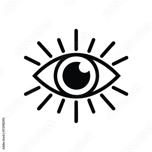 Stylized black and white allseeing eye icon with radiating lines.