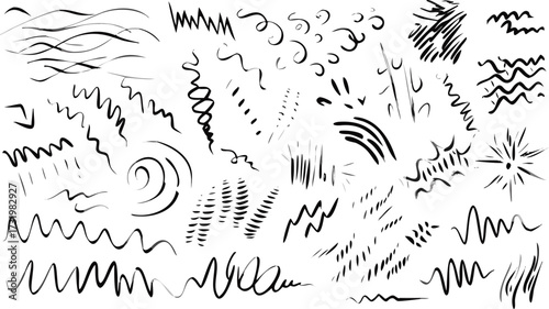 Collection of hand drawn ink lines and shapes featuring waves spirals zigzags and other abstract elements