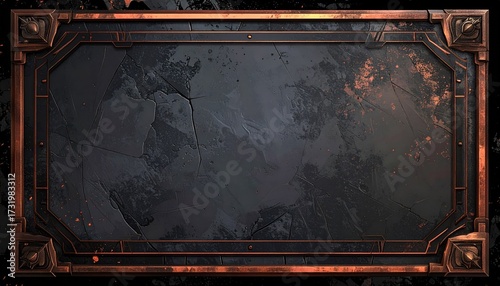 Dark, textured, stone-like surface framed by ornate copper