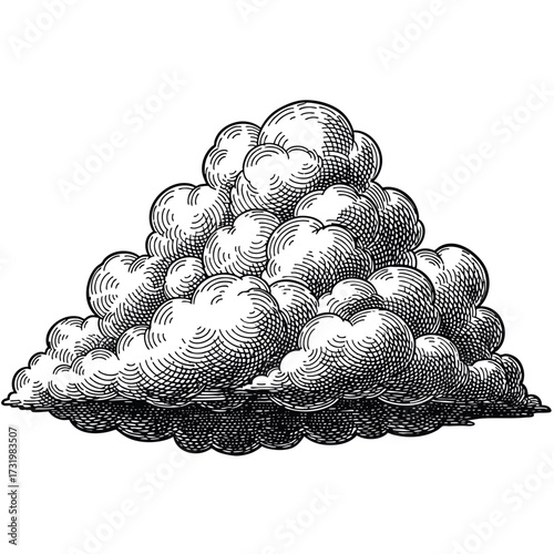 Vintage handdrawn cloud illustration with detailed crosshatching and shading.