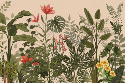 Tropical botanical landscape Lush Vintage Botanical Wall Mural