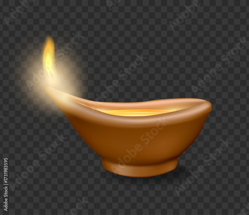 Bowl shaped lamp filled with oil or ghee with small spout on one side for holding wick. Vector element of Diwali celebration, religious and festive decorations. Spiritual symbol in Hinduism