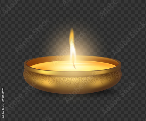 Metal diya lamp with floral print, addition to Diwali decorations. Vector isolated realistic tealight made from brass or copper and decorated with leafage. Hindu cultural and religious festive decor