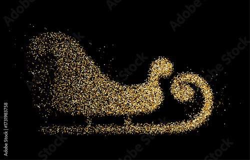 Christmas sleigh glitter decor item. Vector isolated festive and sparkly piece holiday decorations with sparkling dust. Shine and festivity, sparcling decorative addition to midwinter celebration