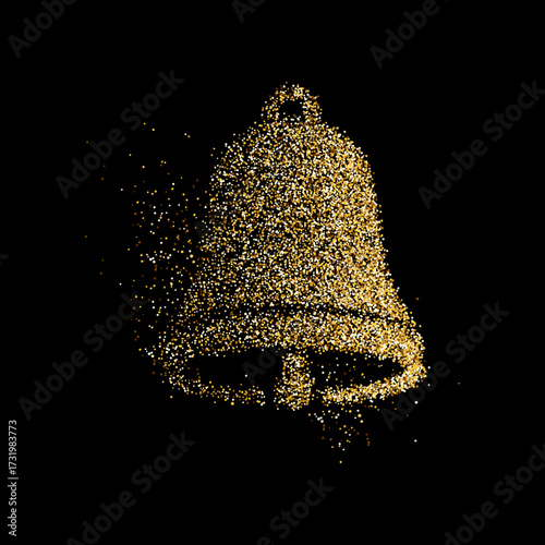 Ringing or jingling bell made with glitter dust. Vector isolated winter seasonal holidays, xmas and new year celebration decorative element. Christmas fun and symbolism, chiming sleighbell