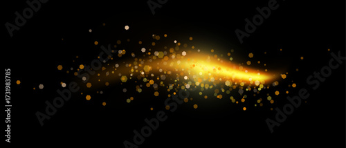 Magic light line with glitter dust, realistic effect of sparkly, glowing substance. Vector soft, ethereal illumination with floating shimmering particles. Beam of luminescence with luminous pieces