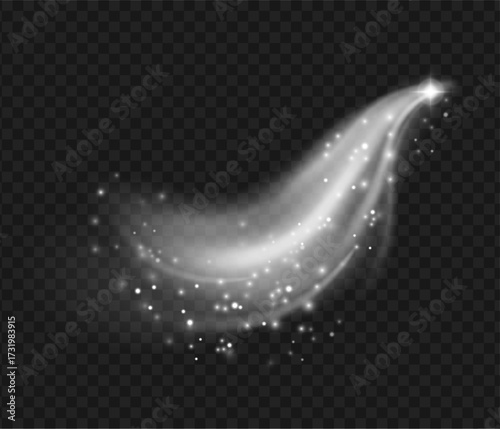 Cold winter wind shimmering particles. Vector realistic icy gust or chill breeze with sparkling snowflakes. Christmas blizzard effect with glowing dust. Brisk air of midwinter season
