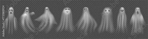 Happy and scary Halloween poltergeists. Vector realistic collection of spooky ghosts with emotions, flying spirits. Fantom transparent effect for october festival. Decoration and prints element